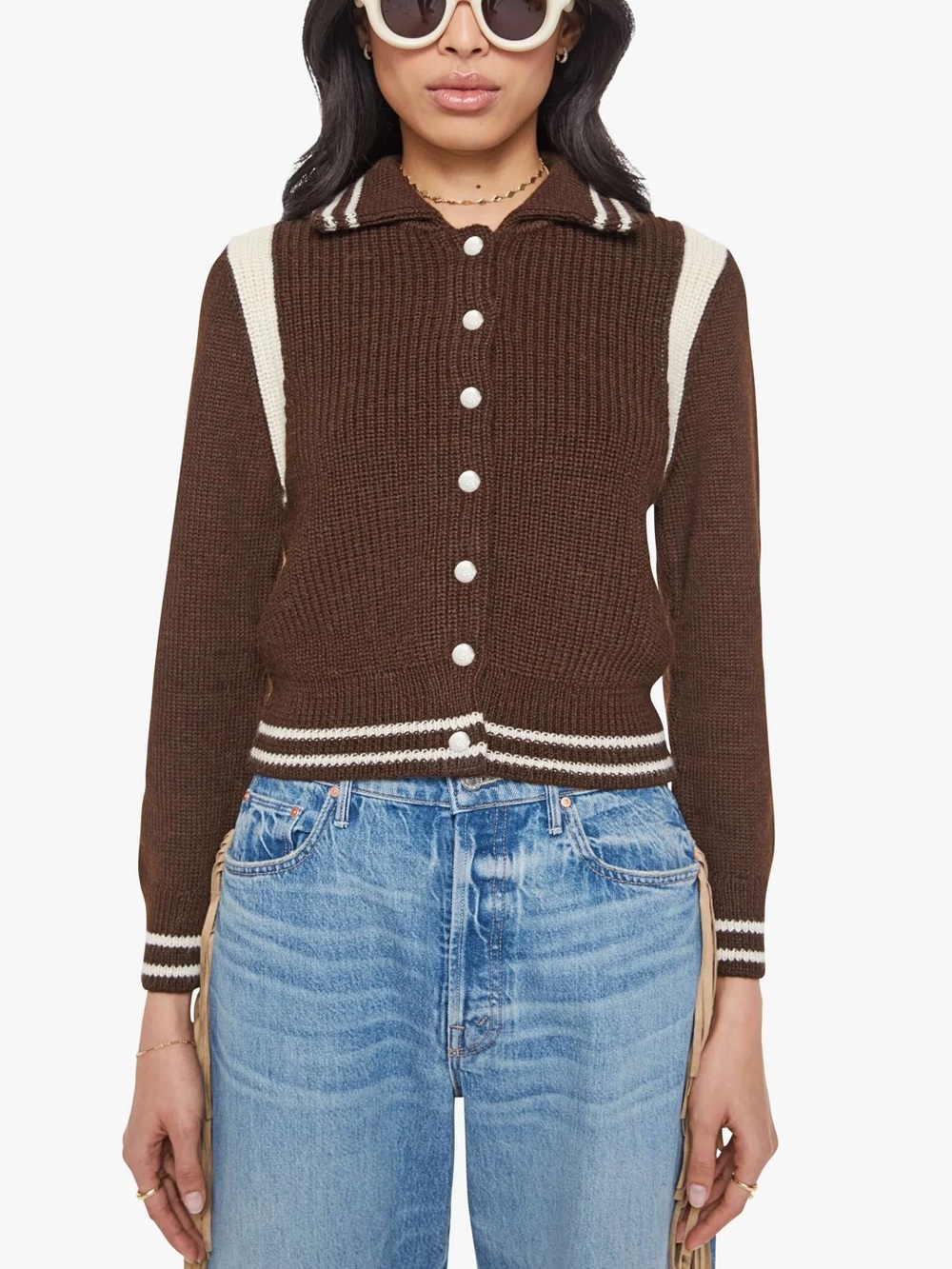 MOTHER The Little Raquette Cardigan Sweater in Little League Brown